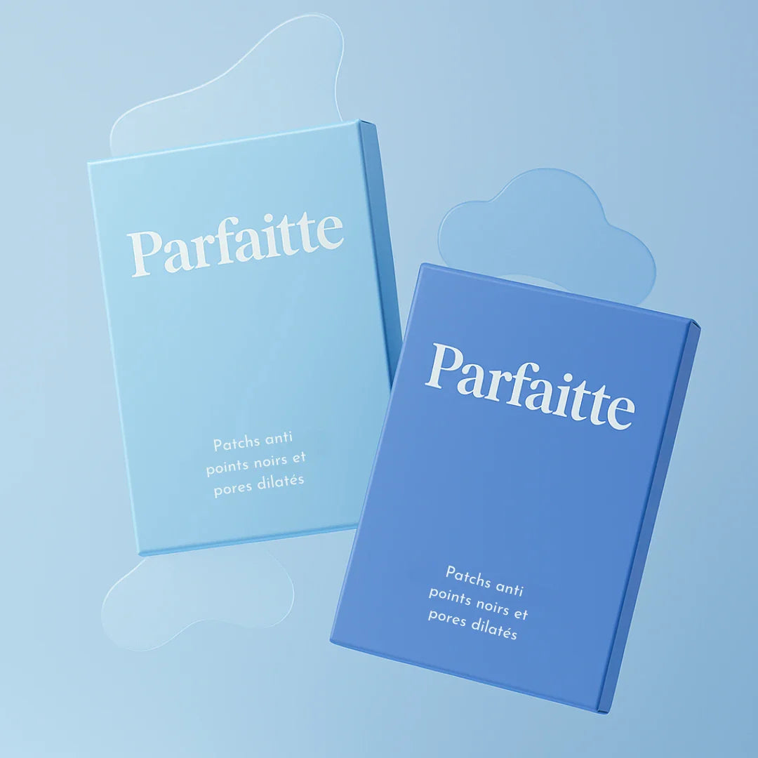 Boîtes des patchs Parfaitte anti-points noirs et pores dilatés, en dégradés de bleu sur fond clair