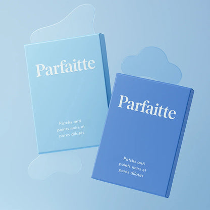 Boîtes des patchs Parfaitte anti-points noirs et pores dilatés, en dégradés de bleu sur fond clair